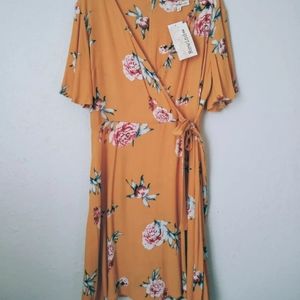Mustard yellow floral surplice dress